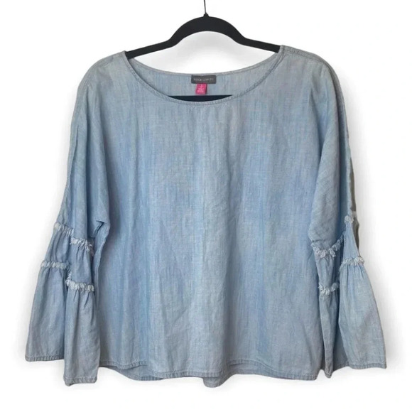 Vince Camuto Light Denim Fringe  Bell Sleeve Top - Picture 1 of 7